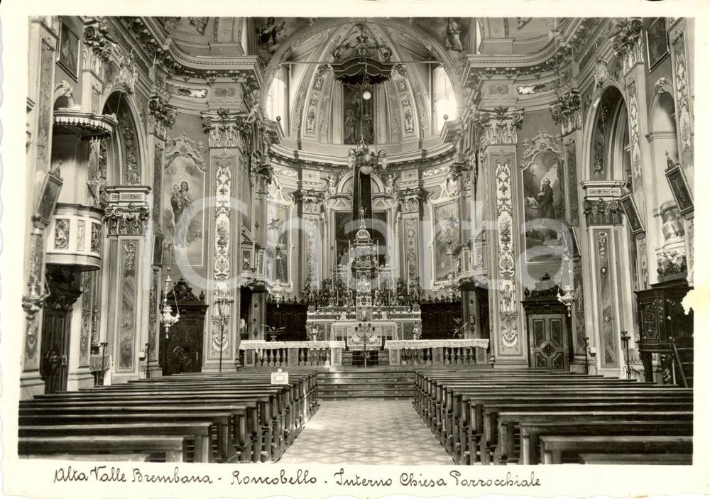 Cartolina originale da collezione 1940 RONCOBELLO (BG) Interno della chiesa parrocchiale *DANNEGGIATA FG NV 1