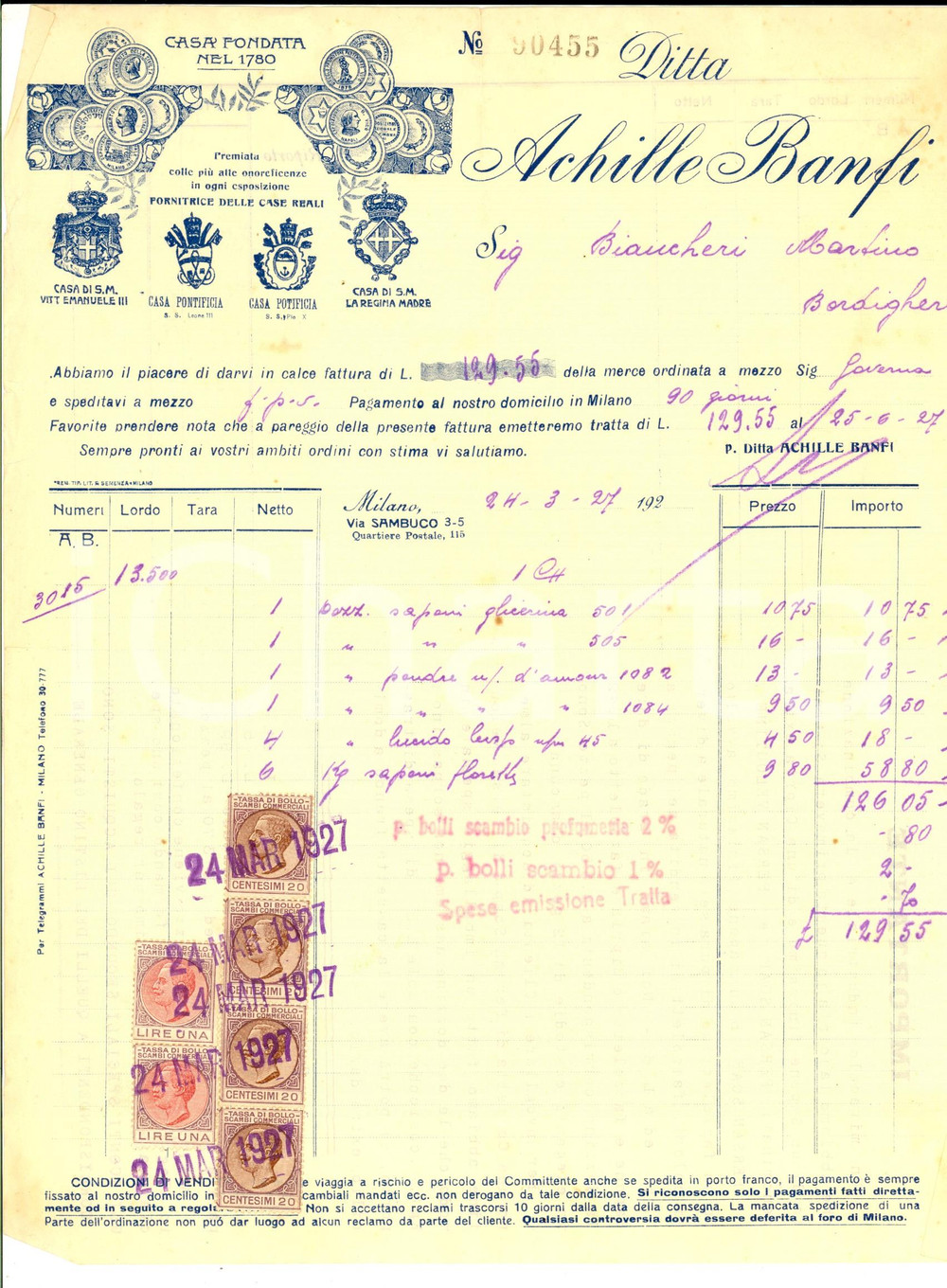 Documento originale, autentico 1927 MILANO Achille BANFI  Saponi e lucido Fattura intestata 1