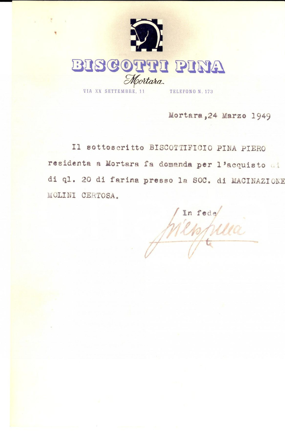 Documento originale, autentico 1949 MORTARA PV Biscottificio PINA PIERO acquista farina Carta intestata 1