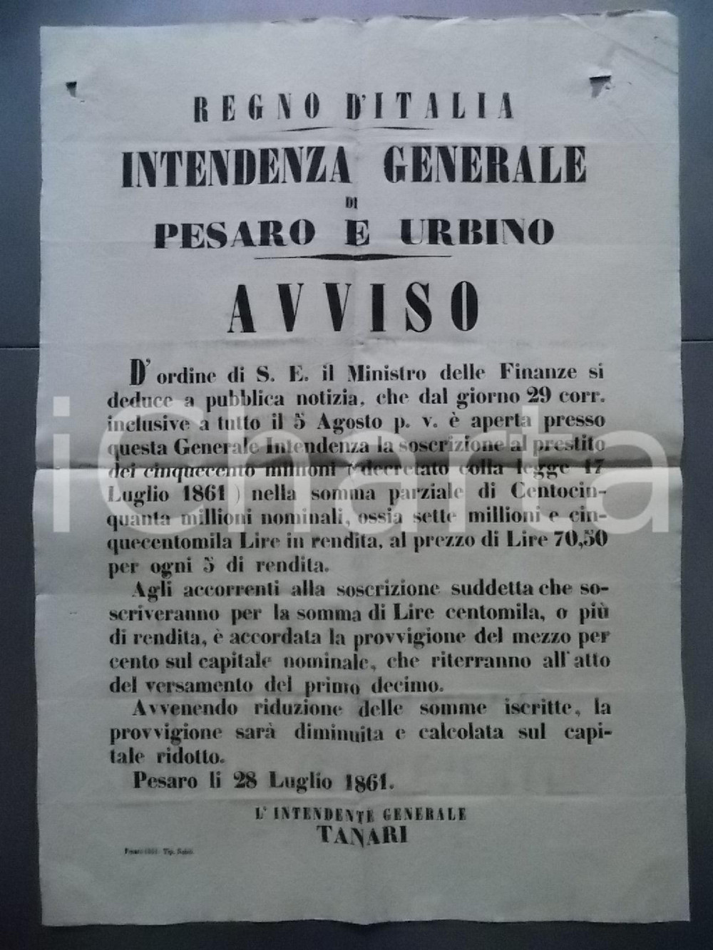 Documento originale, autentico 1861 REGNO D ITALIA PESARO Sottoscrizione del Prestito Nazionale Manifesto 1
