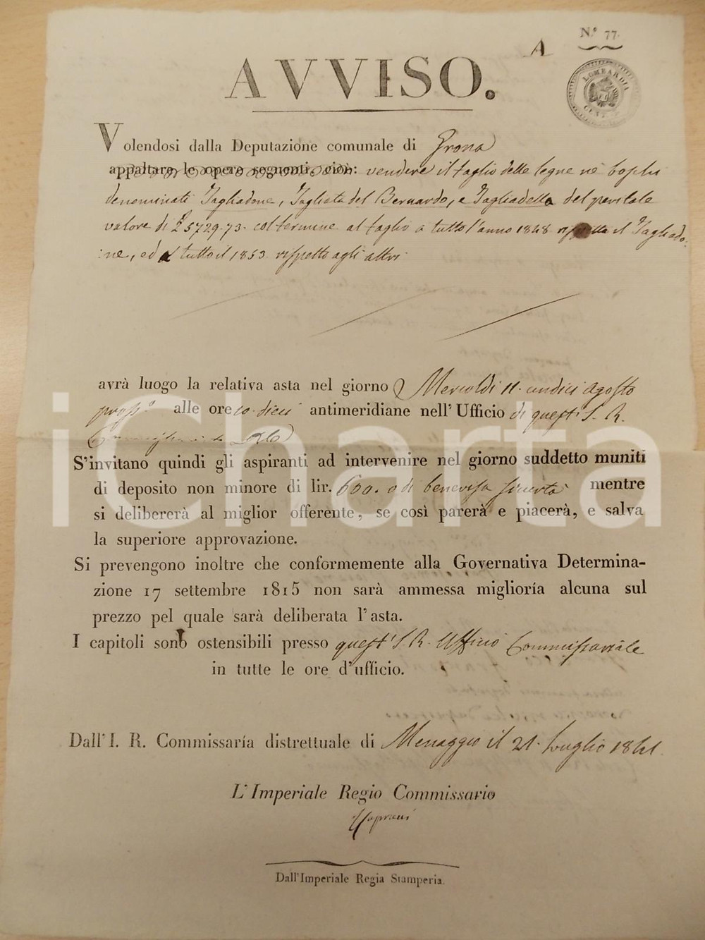 Documento originale, autentico 1841 GRONA (CO) Asta per vendita legna boschi TAGLIADONE e TAGLIATA Manifesto 1