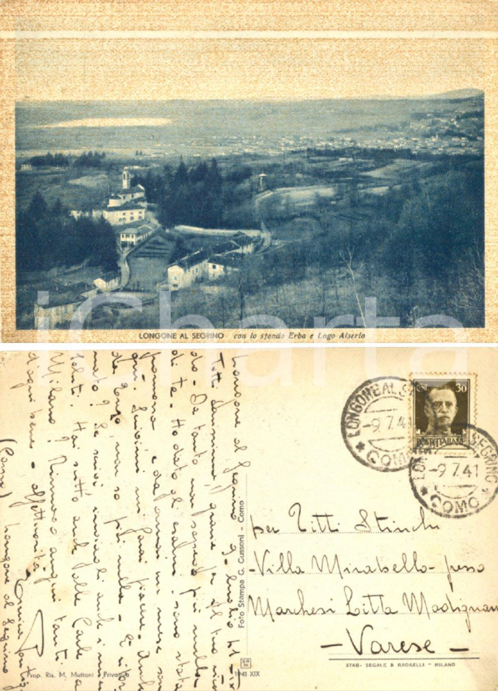 Autografo originale 1941 LONGONE AL SEGRINO (CO) Veduta con ERBA *Cartolina Enrica PONTIGGIA FG VG 1