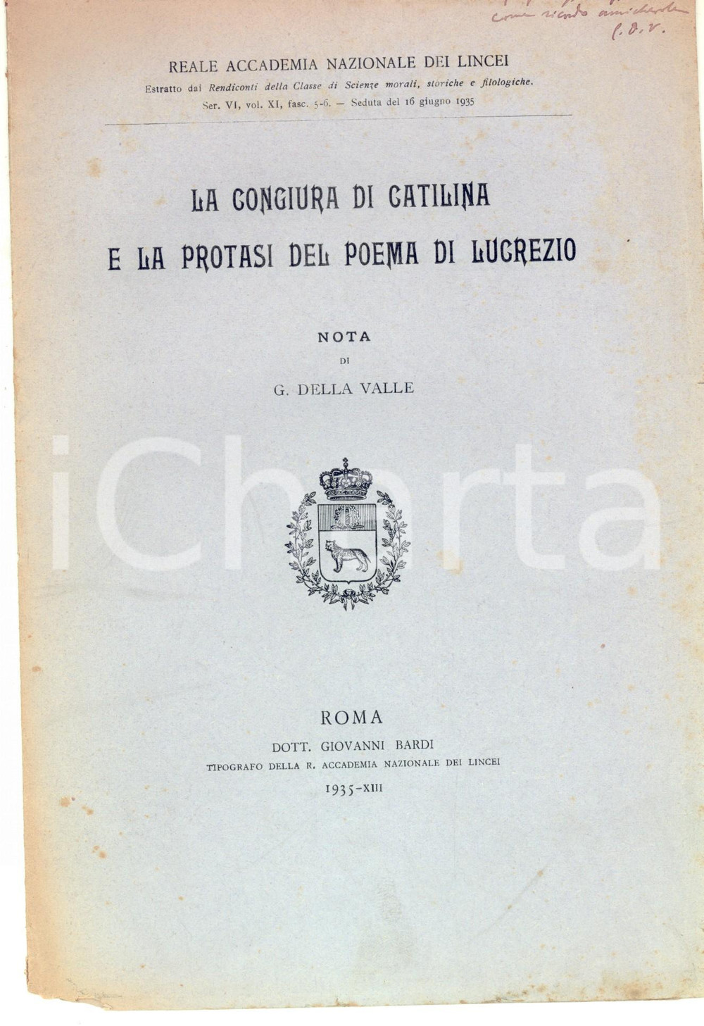Libro, pubblicazione d epoca 1935 Guido DELLA VALLE Congiura di Catilina e protasi di Lucrezio Autografo 1
