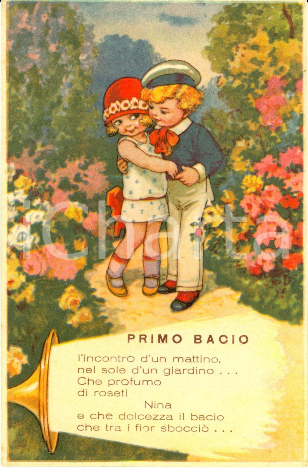 Cartolina originale da collezione 1920 ca Cartolina della canzone  PRIMO BACIO  ed. BIXIO FP NV Illustrata 1