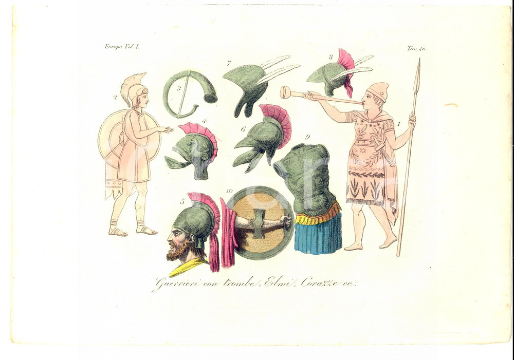 Stampa, bozzetto originale 1830 COSTUME EUROPEO Guerrieri con trombe, elmi e corazze Stampa 1