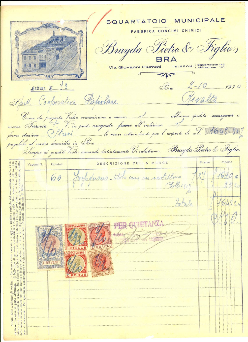Documento originale, autentico 1930 BRA (CN) Squartatoio municipale Pietro BRAYDA *Fattura concime (2) 1