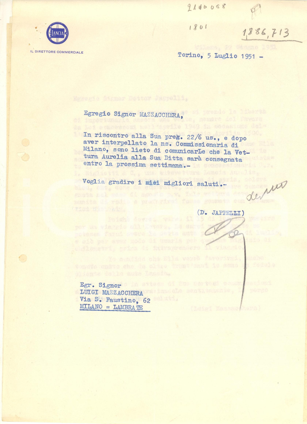 Autografo originale 1949 TORINO LANCIA  Lettera Domenico JAPPELLI per consegna Aurelia Autografo 1