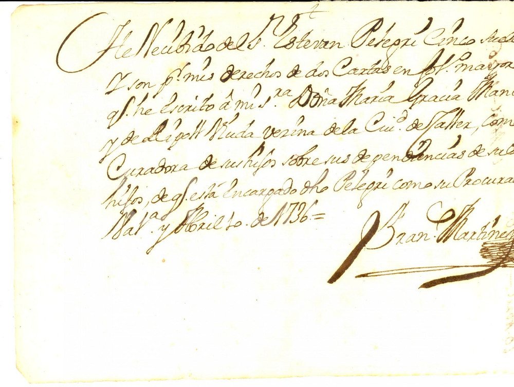 Documento originale, autentico 1736 VALENCIA Ricevuta notaio MARTINEZ per carte a donna Maria Grazia MANCA 1