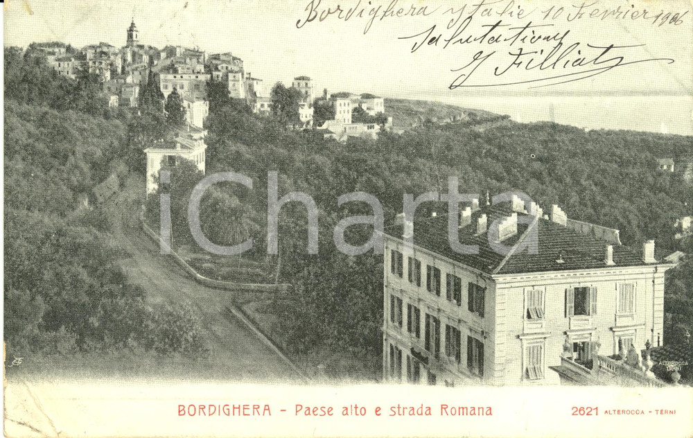 Cartolina originale da collezione 1906 BORDIGHERA (IM) Paese alto e strada ROMANA *Cartolina postale FP VG 1