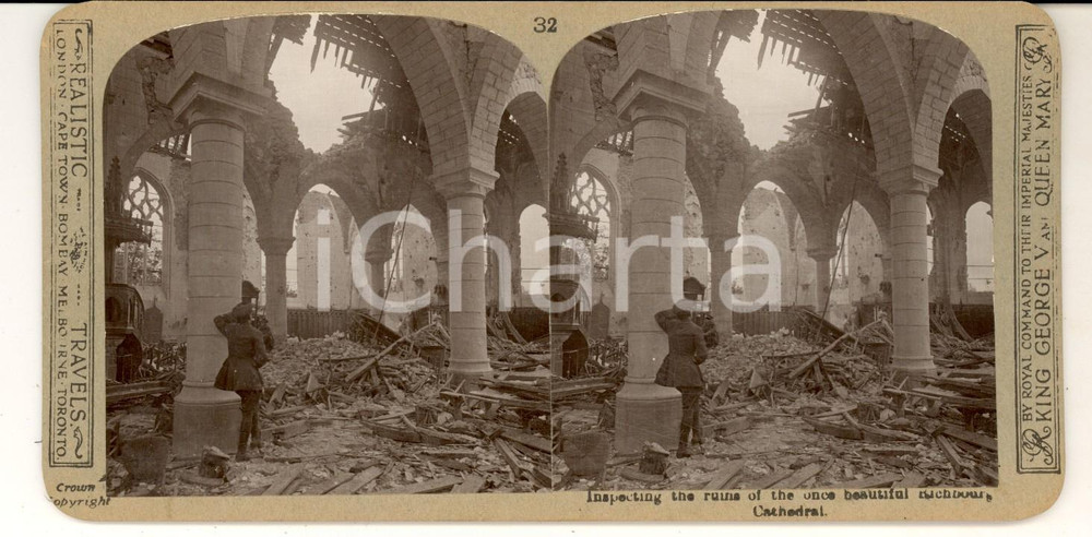 Fotografia d epoca originale 1918 WW1 THE GREAT WAR Inspecting ruins of RICHBOURG cathedral Stereoscopic 32 1
