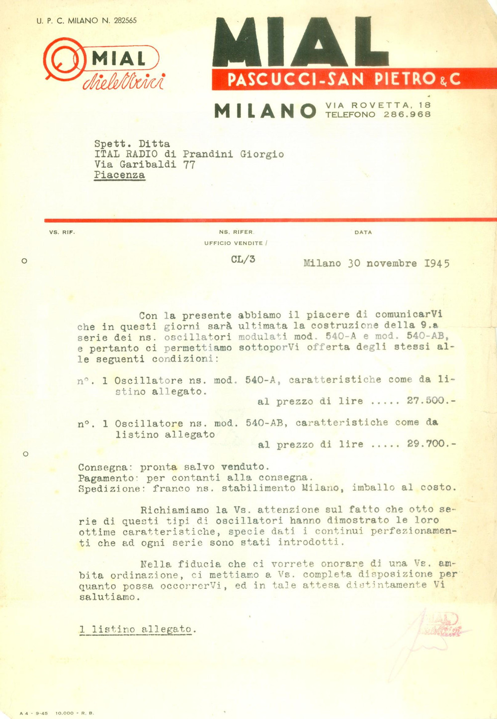 Materiale pubblicitario d’epoca 1945 MILANO Via Rovetta 18 Mial PASCUCCI  SAN PIETRO & C. oscillatori Lettera 1
