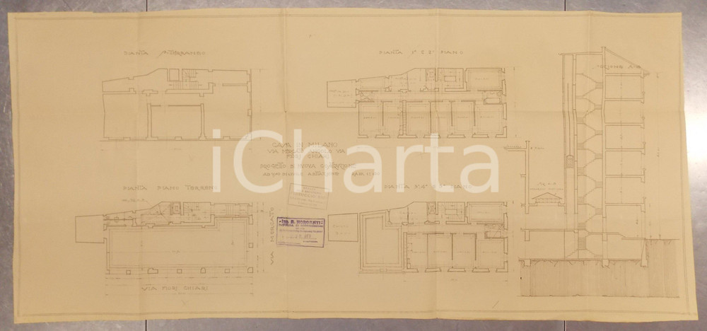 Mappa, planimetria storica 1940 ca MILANO Architetto BIGI Planimetria generale casa civile Via FIORI CHIARI 1