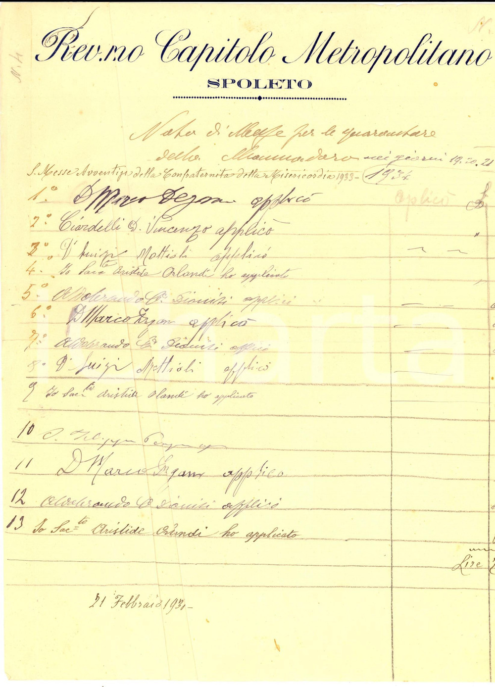 Documento originale, autentico 1934 SPOLETO Rev.mo CAPITOLO METROPOLITANO Nota Messe Confraternita MISERICORDIA 1