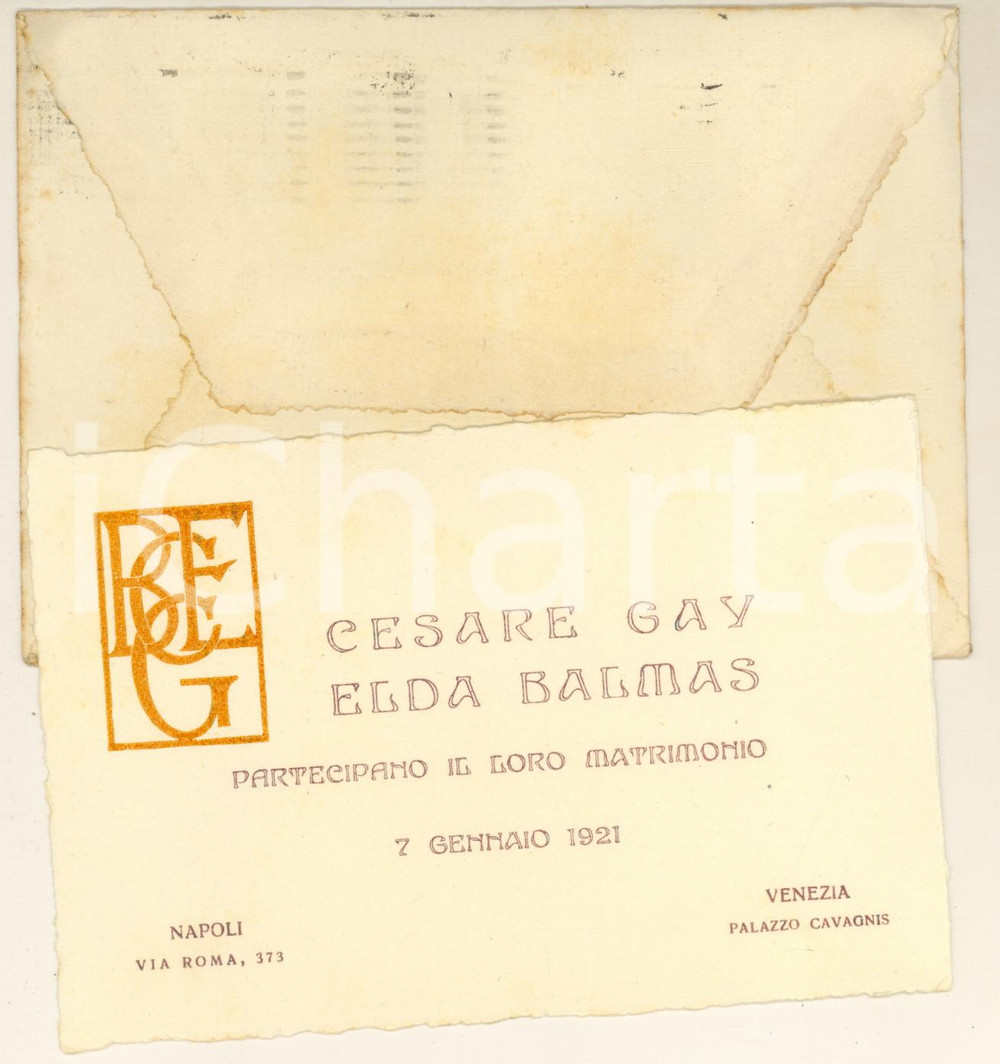 Oggetto da collezione cartaceo 1921 VENEZIA Matrimonio Cesare GAY - Elda BALMAS *Partecipazione 1