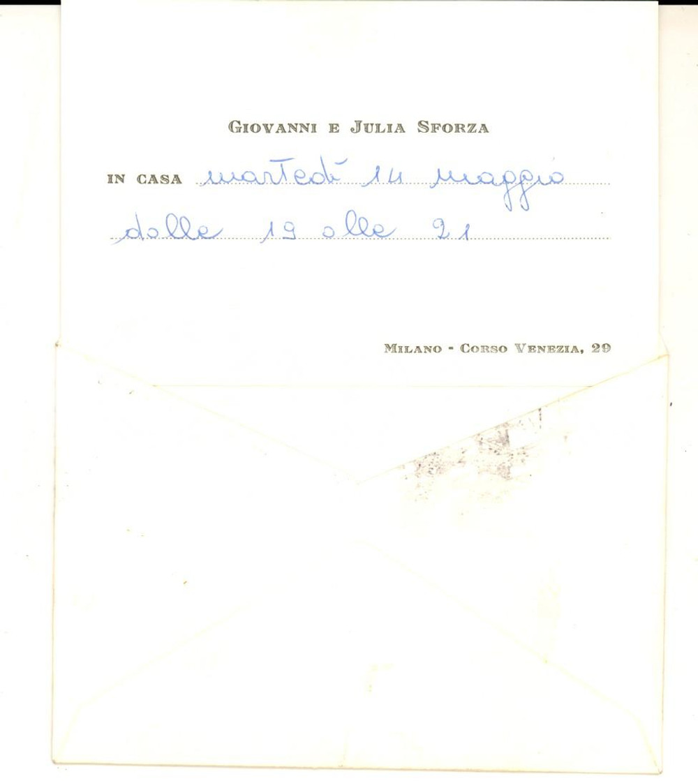 Autografo originale 1950 ca MILANO Invito ricevimento Giovanni e Julia SFORZA in casa *Autografo 1