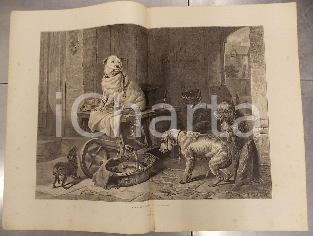 Stampa, bozzetto originale 1886 LES MERVEILLES DE L'ART MODERNE Sir Edwin LANDSEER Les solliciteurs *Stampa 1