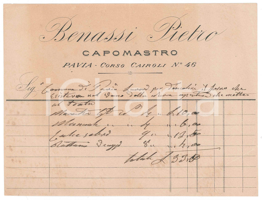 Documento originale, autentico 1890 ca PAVIA Corso Cairoli 46  Pietro BENASSI Capomastro  Conto lavori 1