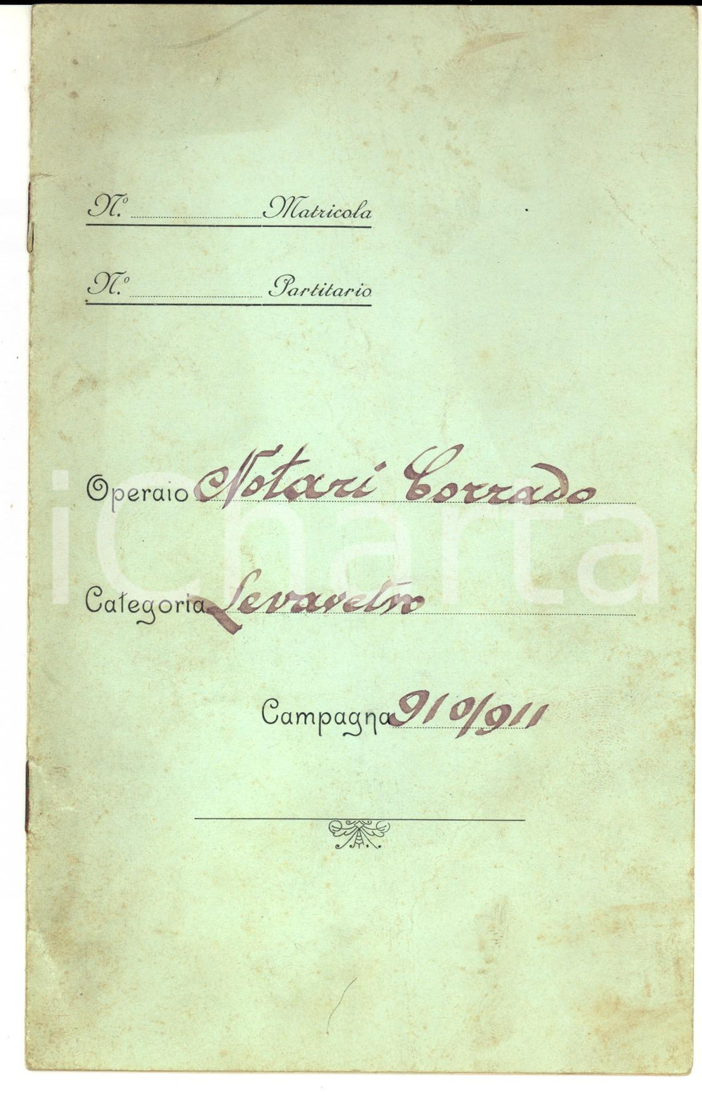 Documento originale, autentico 1910 PORTO VALTRAVAGLIA Vetreria A. LUCCHINI  Libretto Corrado NOTARI lavavetro 1