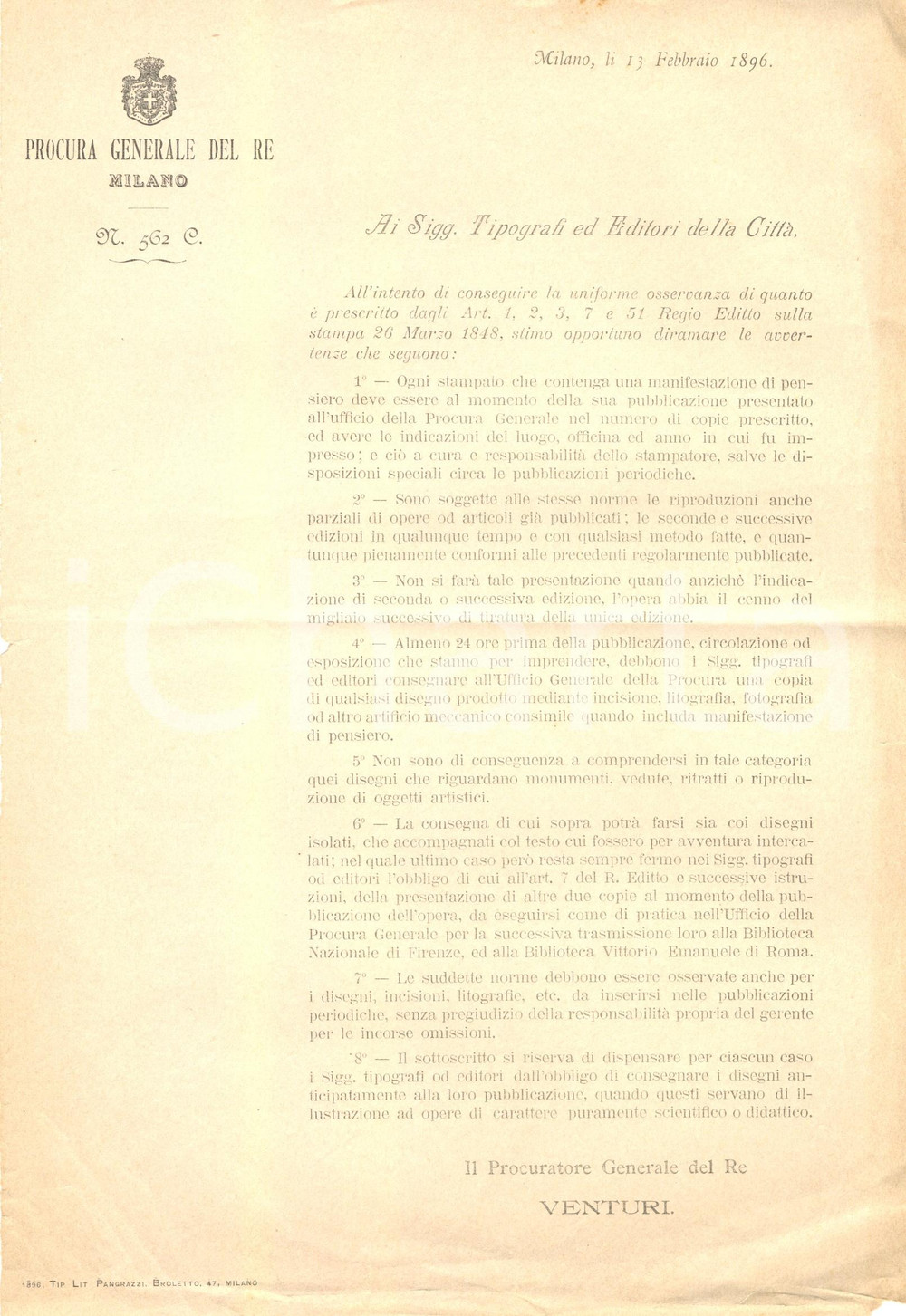 Autografo originale 1896 MILANO Nuove norme per tipografi ed editori della città  Lettera 1