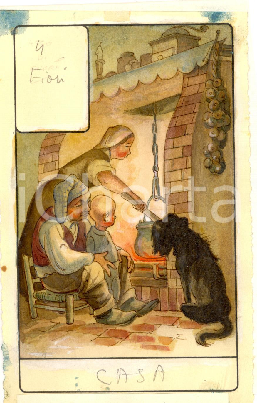 Stampa, bozzetto originale 1946 TAROCCHI Carta divinatoria originale olio su carta ENRICO SACCHI 4 fiori 1