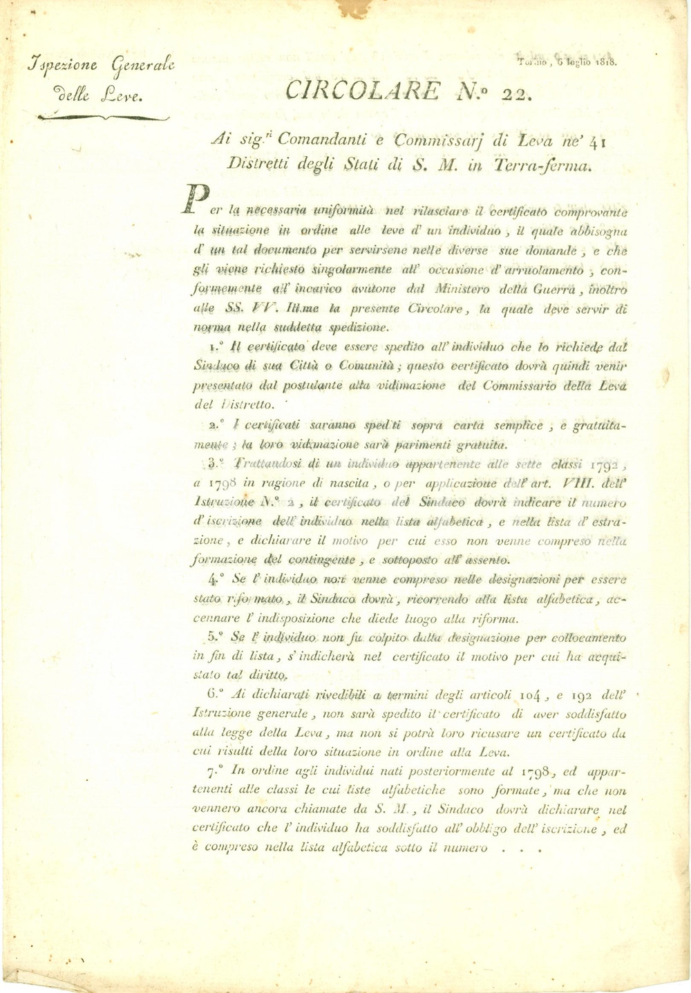 Documento originale, autentico 1818 TORINO Situazione generale ispezione di leva *Documento 1