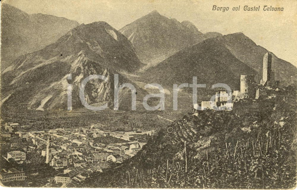Cartolina originale da collezione 1926 BORGO VALSUGANA (TN) Veduta del paese con CASTEL TELVANA *Cartolina FP VG 1