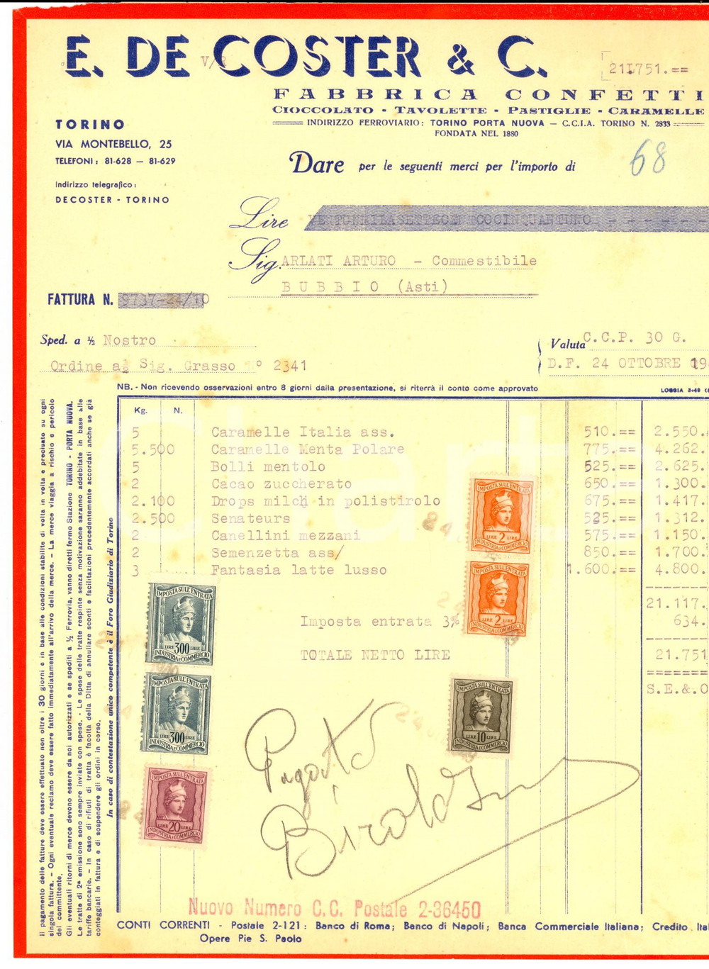 Documento originale, autentico 1949 TORINO Fabbrica E. DE COSTER  Confetti, pastiglie e caramelle Fattura 1