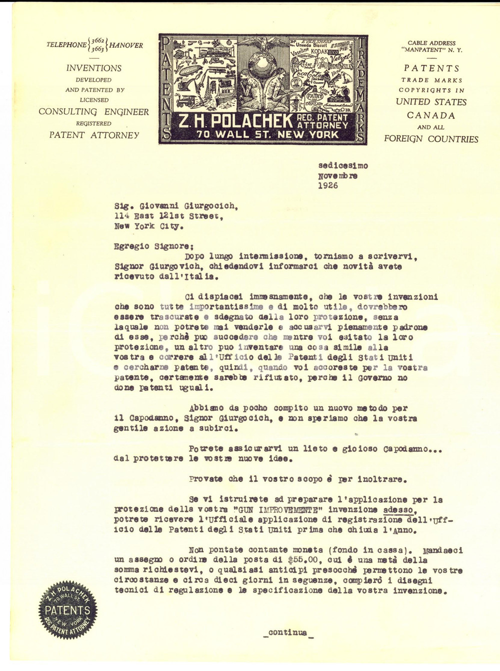 Manoscritto, lettera originale 1926 NEW YORK Lettera POLACHEK  a Giovanni GIURGOCICH per marchio su invenzioni 1