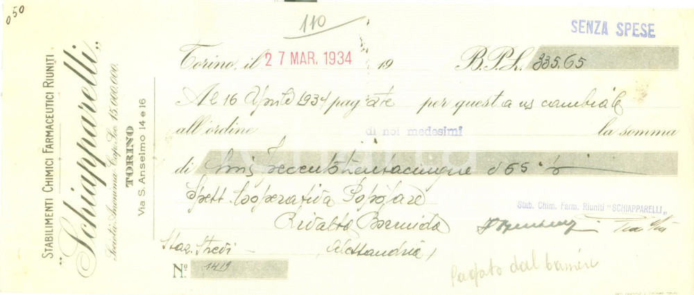 Documento originale, autentico 1934 TORINO Stabilimenti chimici farmaceutici SCHIAPPARELLI Cambiale 1