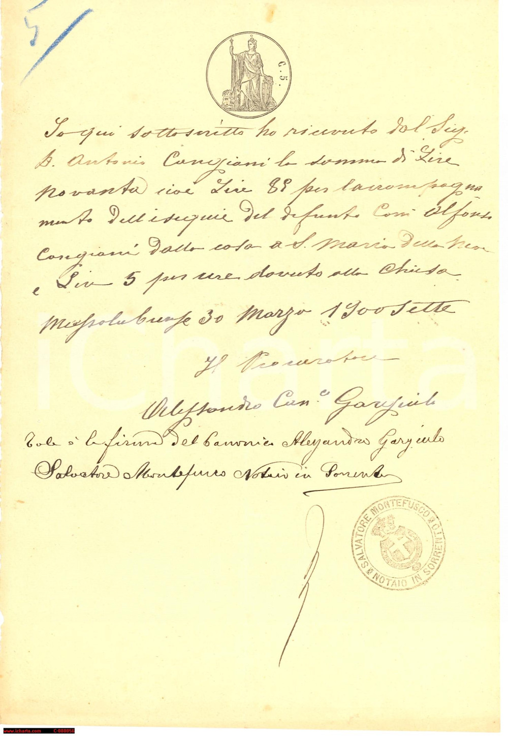 Documento originale, autentico 1907 MASSA LUBRENSE NA Esequie di Antonio CANGIANO 1