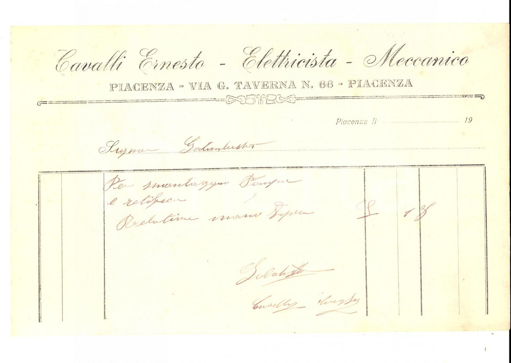 Documento originale, autentico 1910 ca PIACENZA Ernesto CAVALLI Elettricista - meccanico *Conto manoscritto 1