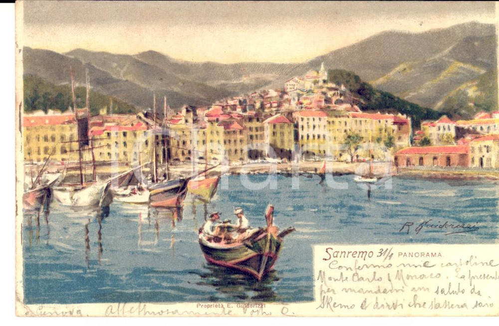 Cartolina originale da collezione 1900 SANREMO Panorama Cartolina a Maria Ancilla VANNOTTI Ill. GUIDORIZZI 1