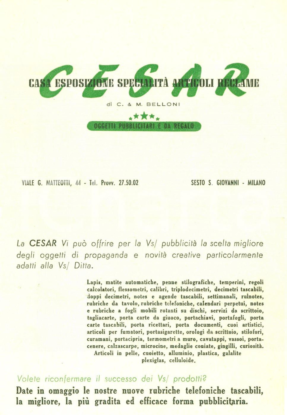 Oggetto da collezione cartaceo 1950 ca. SESTO SAN GIOVANNI MI Cesar C. & M. BELLONI  Biglietto 1
