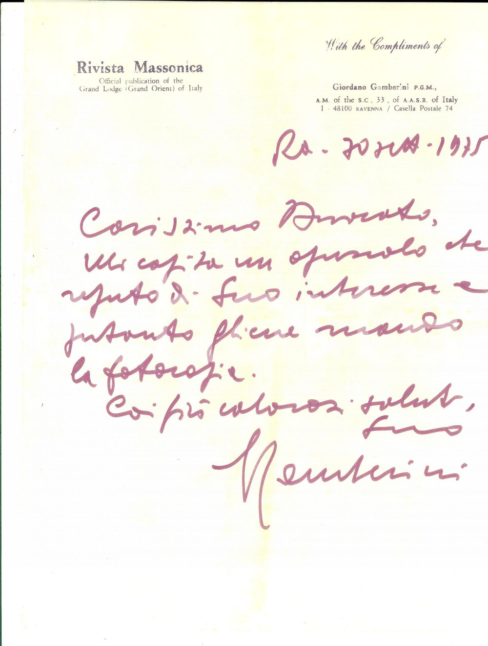 Autografo originale 1975 RAVENNA RIVISTA MASSONICA Lettera Giordano GAMBERINI su opuscolo Autografo 1