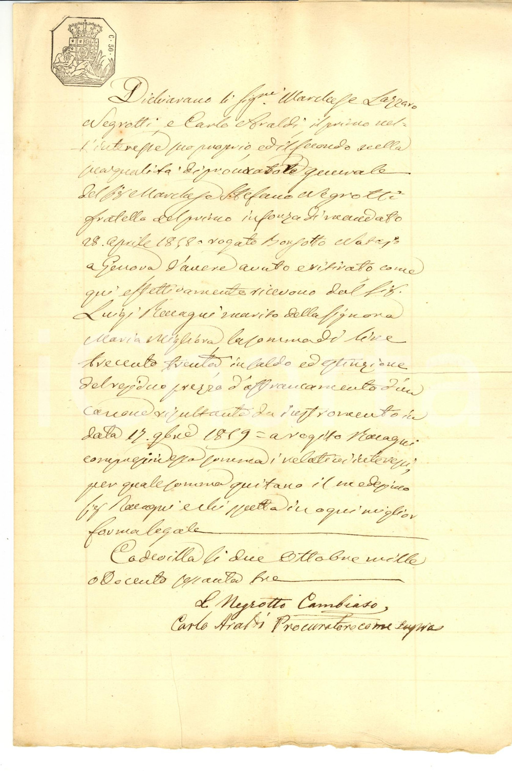 Documento originale, autentico 1863 CODEVILLA (PV) Canone al marchese Lazzaro NEGROTTO CAMBIASO 1