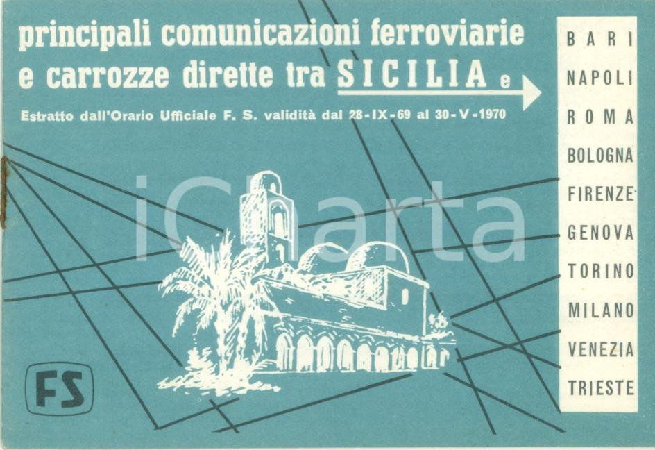 Materiale pubblicitario d’epoca 1969 FERROVIE DELLO STATO Orari comunicazioni e carrozze SICILIA per CONTINENTE 1