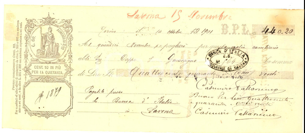 Oggetto da collezione cartaceo 1901 TORINO Vaglia cambiario del marchese Casimiro PALLAVICINO 1