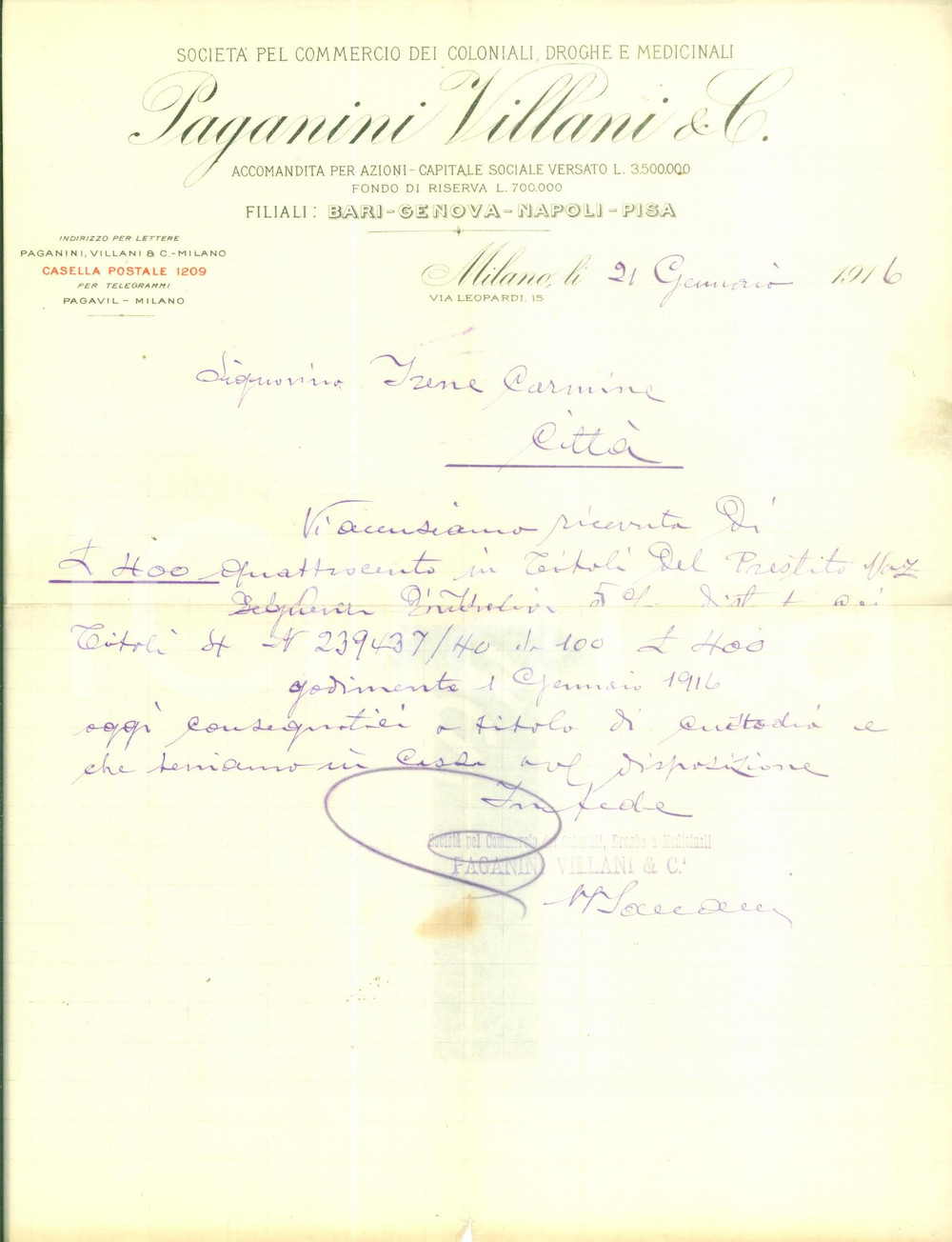 Documento originale, autentico 1916 MILANO Commercio coloniali droghe PAGANINI VILLANI & C. Ricevuta 1