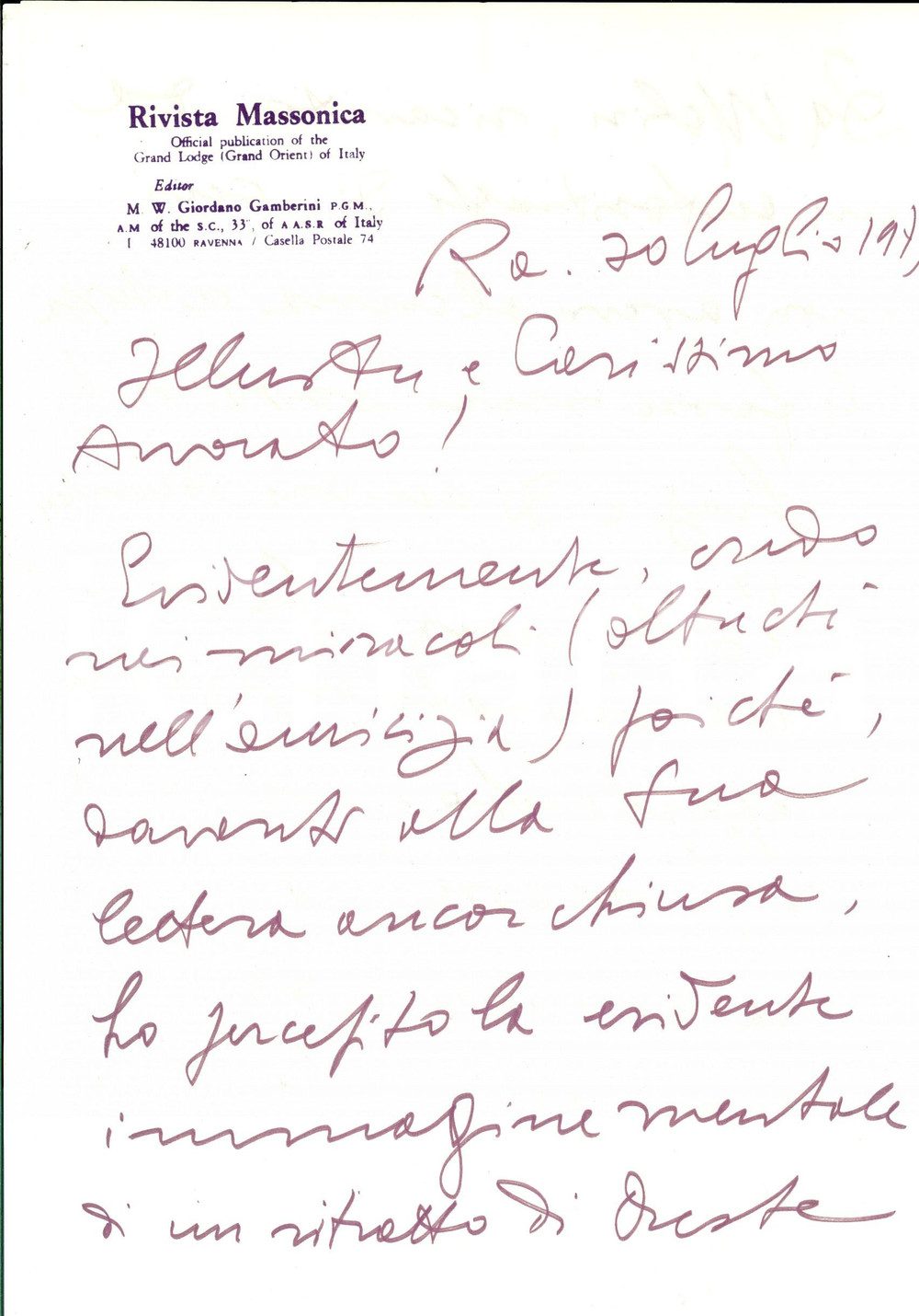 Autografo originale 1979 MASSONERIA RAVENNA Giordano GAMBERINI su ritratto Oreste DA MOLIN Autografo 1