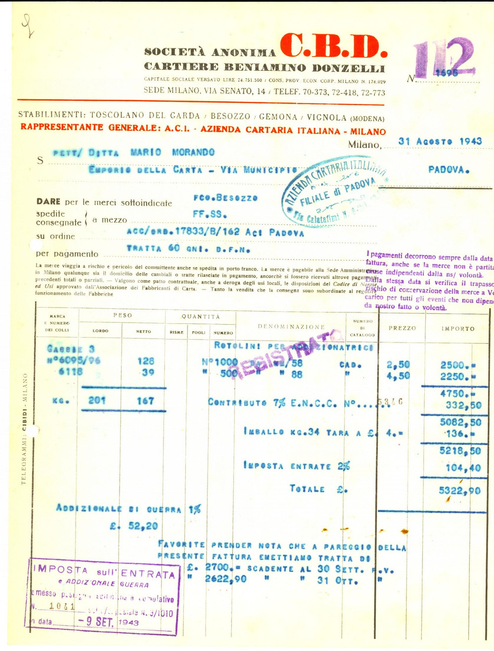Documento originale, autentico 1943 MILANO via Senato  Cartiere Beniamino DONZELLI Fattura intestata 1