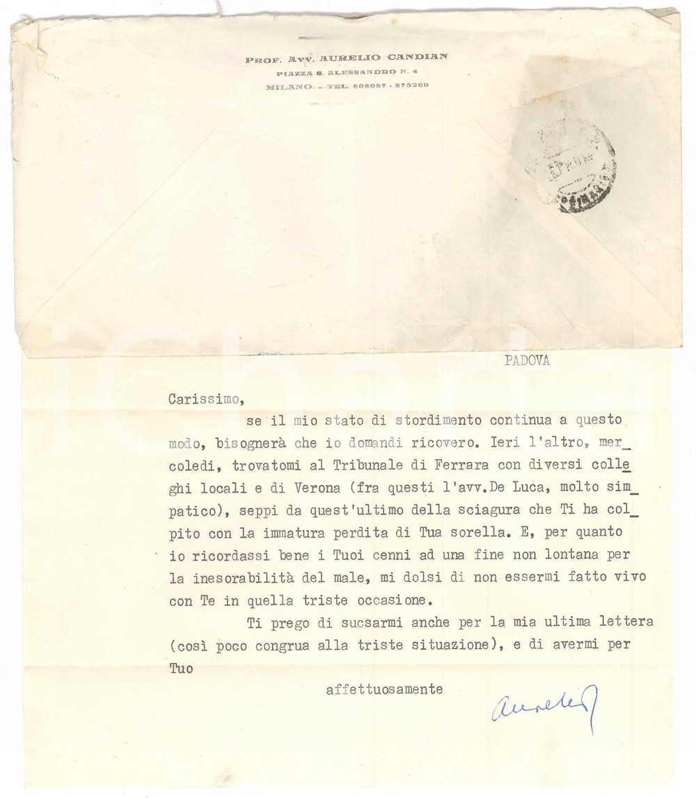 Autografo originale 1960 MILANO Lettera Aurelio CANDIAN  Condoglianze a un amico Autografo 1