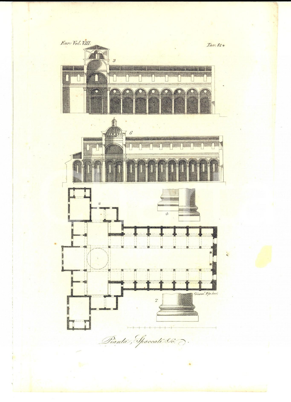 Stampa, bozzetto originale 1830 ca FERRARIO COSTUME EUROPEO Palazzo Pitti  Pianta e spaccati Inc. GIARRÃˆ 1