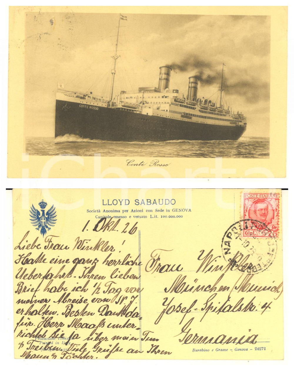 Cartolina originale da collezione 1926 LLOYD SABAUDO - Conte Rosso -  Nave passeggeri *Cartolina 1