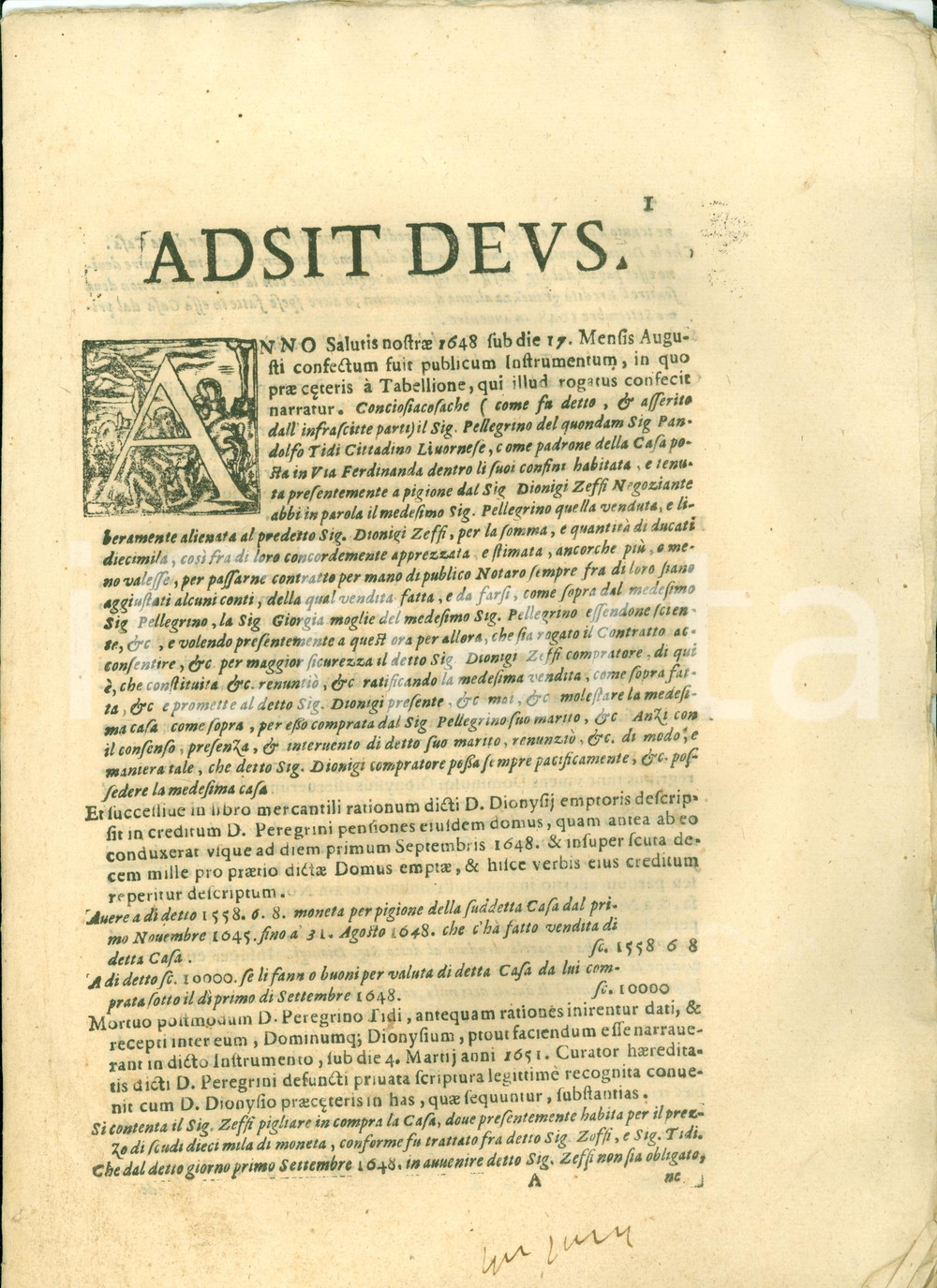 Documento originale, autentico 1666 LIVORNO Pellegrino TIDI vs Dionigi ZEFFI per casa in VIA FERDINANDA 1