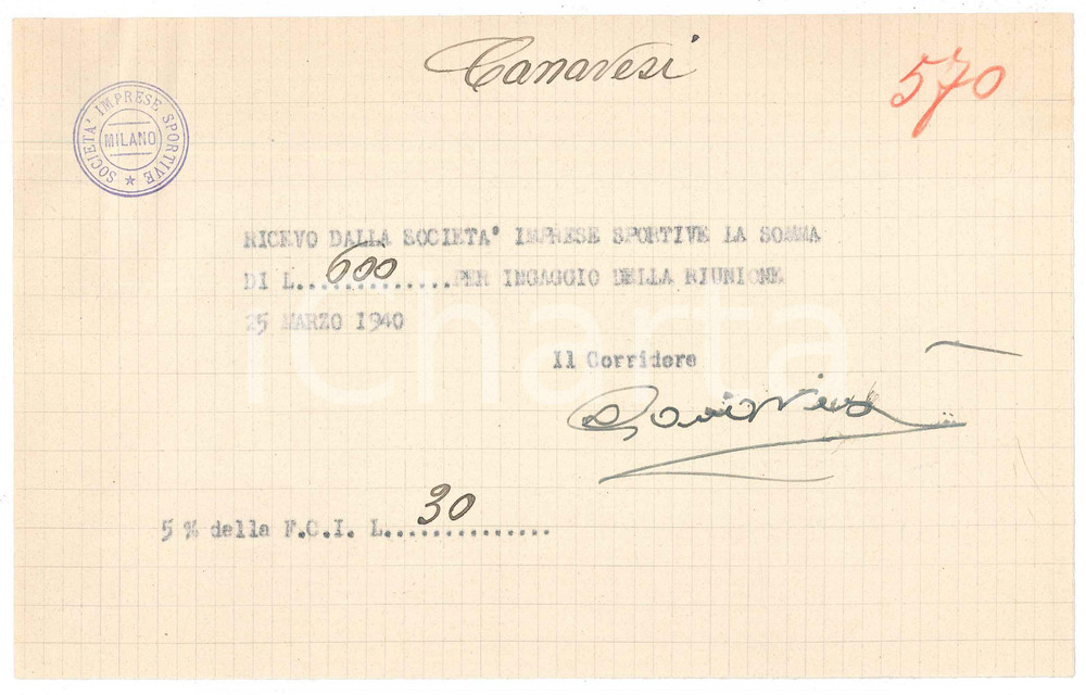 Autografo originale 1940 CICLISMO Milano Vigorelli  Ricevuta Severino CANAVESI per gara AUTOGRAFO 1