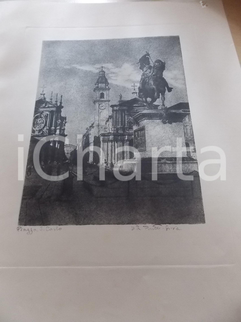 Stampa, bozzetto originale 1950 ca Domenico Riccardo PERETTI GRIVA  TORINO Piazza S. CARLO Stampa 31x42 1