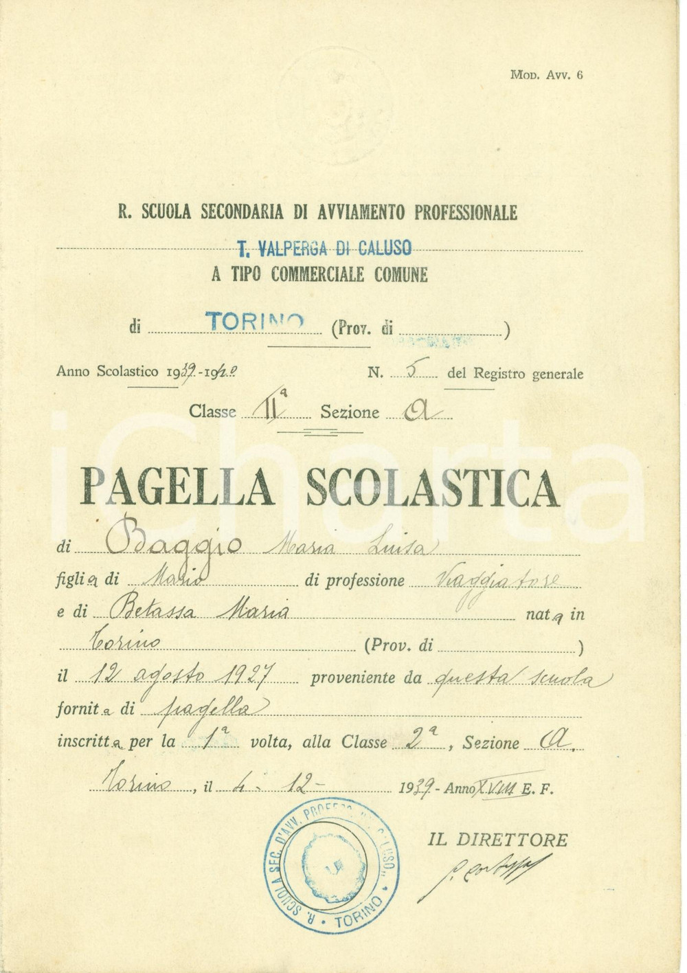 Oggetto da collezione cartaceo 1939 TORINO Avviamento professionale VALPERGA DI CALUSO Pagella Maria L. BIAGGIO 1