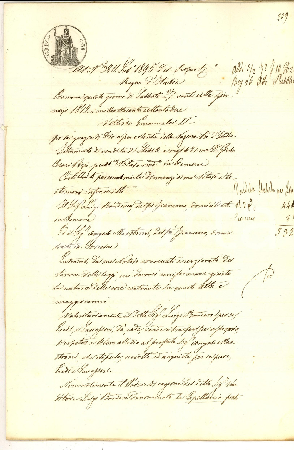 Documento originale, autentico 1872 SORESINA Luigi BANDERA vende podere CAPELLANIA ad Angelo MAESTRONI 1