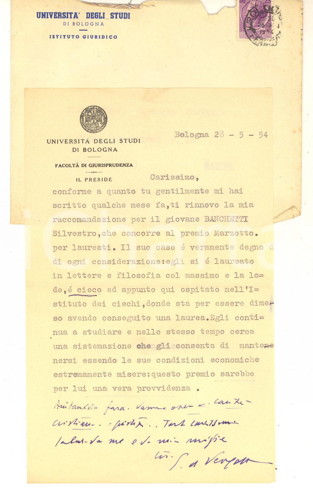 Autografo originale 1954 BOLOGNA Lettera Giovanni DE VERGOTTINI pro allievo laureato  Autografo 1