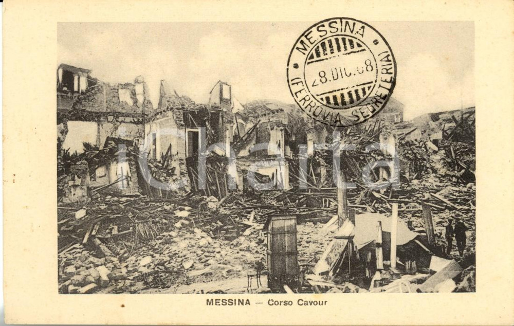 Cartolina originale da collezione 1908 MESSINA Corso CAVOUR Macerie e devastazione del TERREMOTO *Cartolina FP NV 1